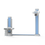 Medical x-ray imaging system with a horizontal table on the left and a tall blue column on the right, set against a white gradient background.