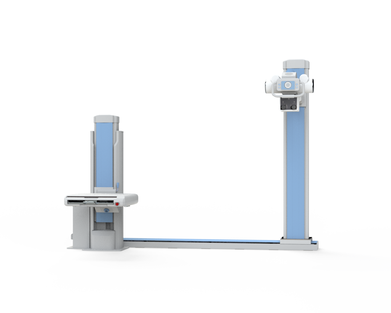 Medical x-ray imaging system with a horizontal table on the left and a tall blue column on the right, set against a white gradient background.
