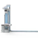 Vertical radiography system with a horizontal patient table, used for x-ray imaging in a medical setting.