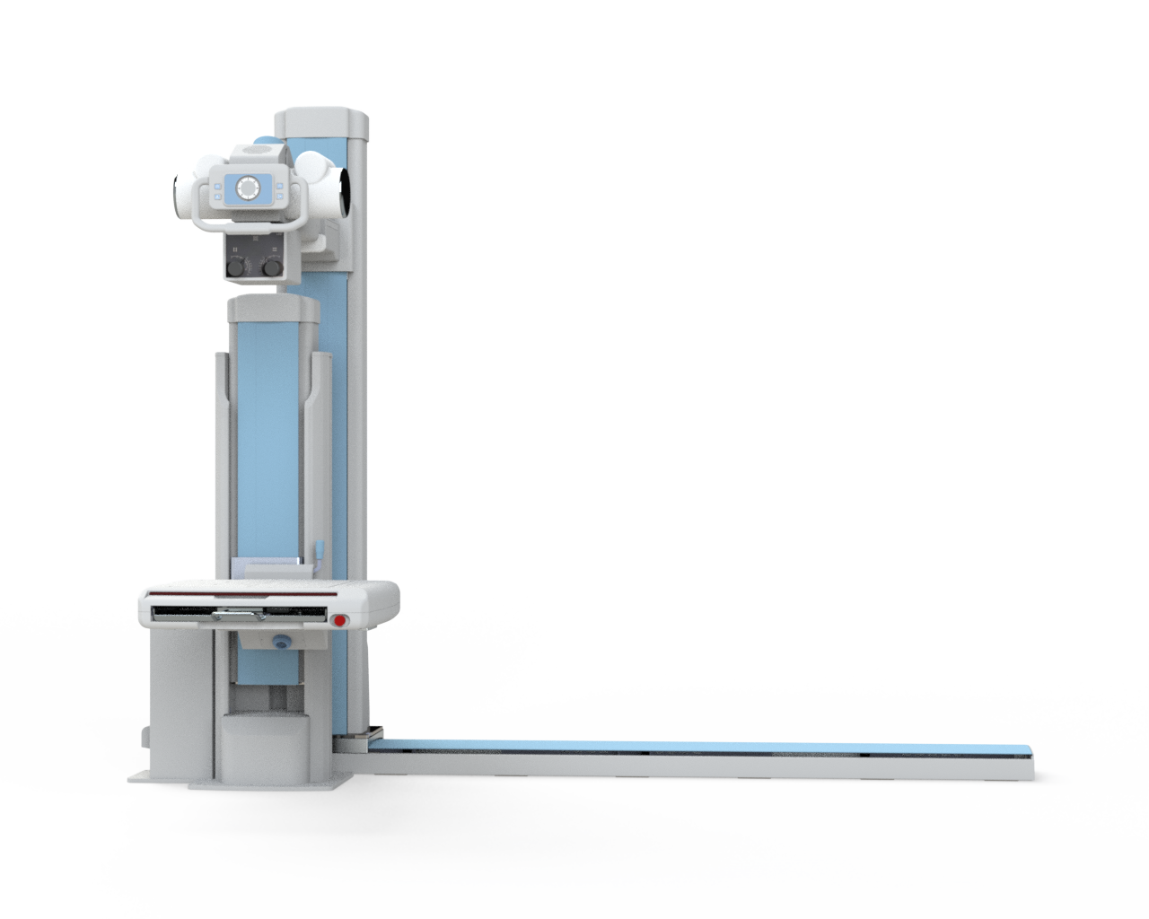 Vertical radiography system with a horizontal patient table, used for x-ray imaging in a medical setting.