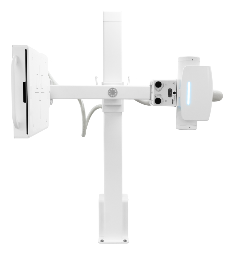 Dental/medical x-ray unit mounted on a white stand, with a monitor on the left and a control panel on the right side.