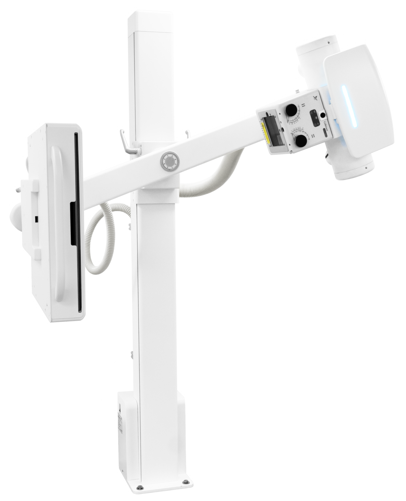 Ceiling-mounted medical x-ray imaging system with a vertical support column and an adjustable articulating arm ending in the imaging panel on the right side of the image.