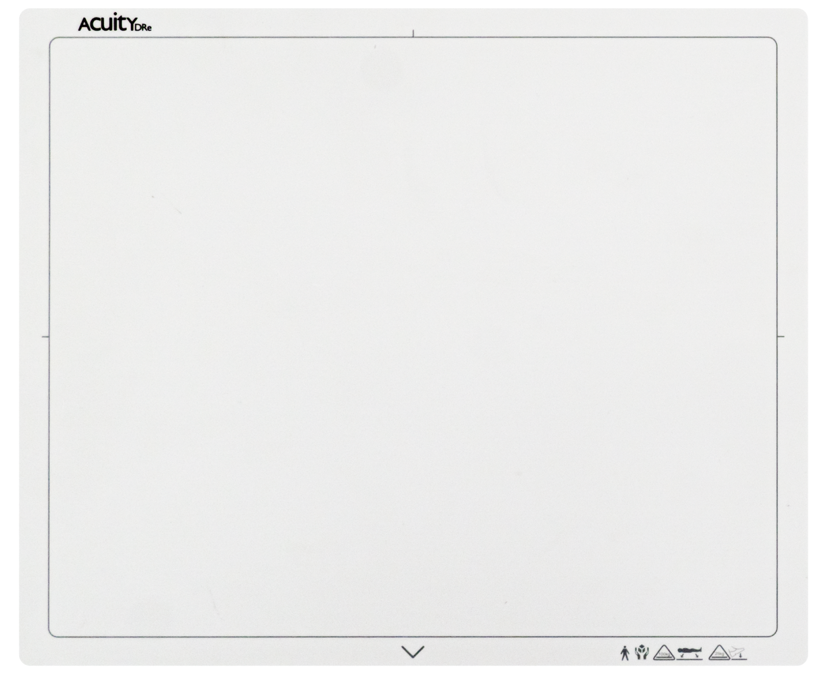 Blank light page with rounded corners and a thin border; acuity logo in the top-left corner and small icons along the bottom edge, center empty for content.