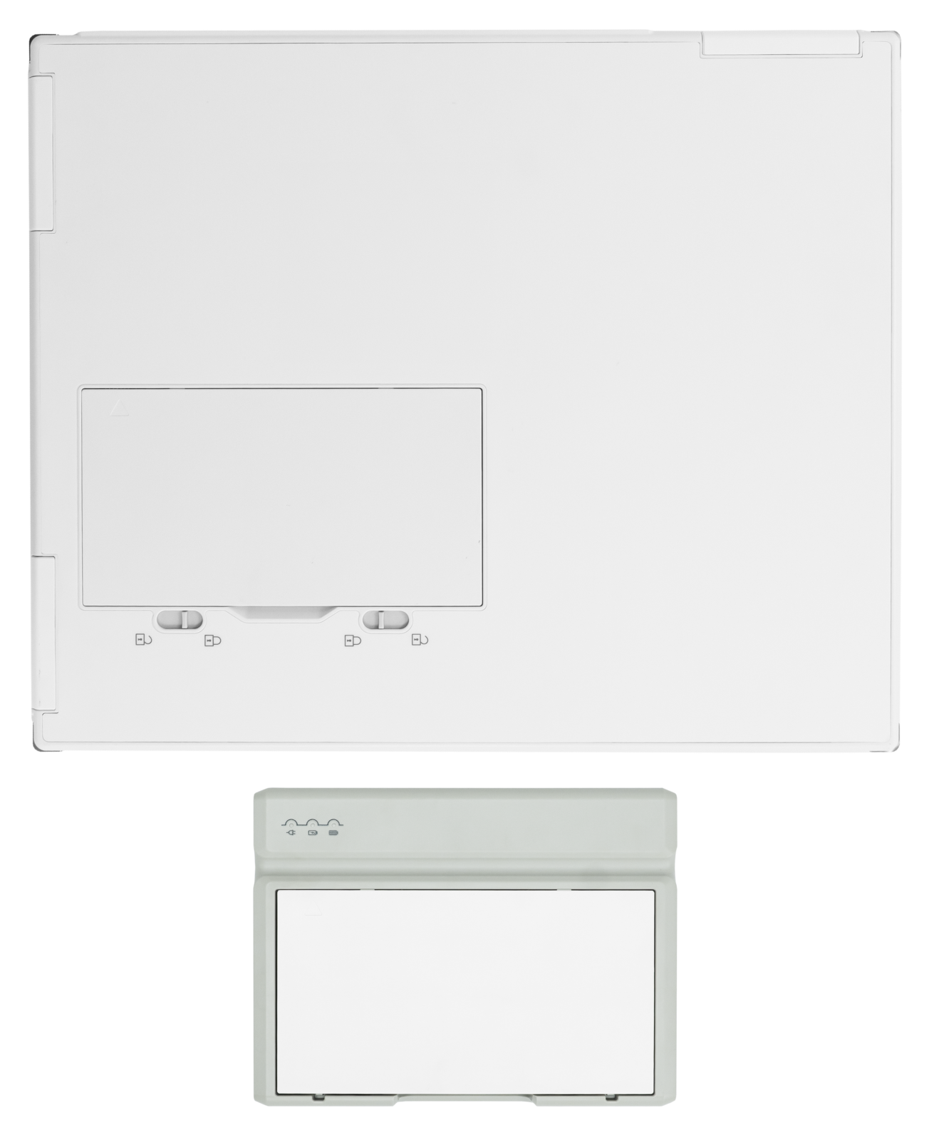 Vertical stack of white wall-mounted electrical enclosures with access doors; three panels of varying sizes