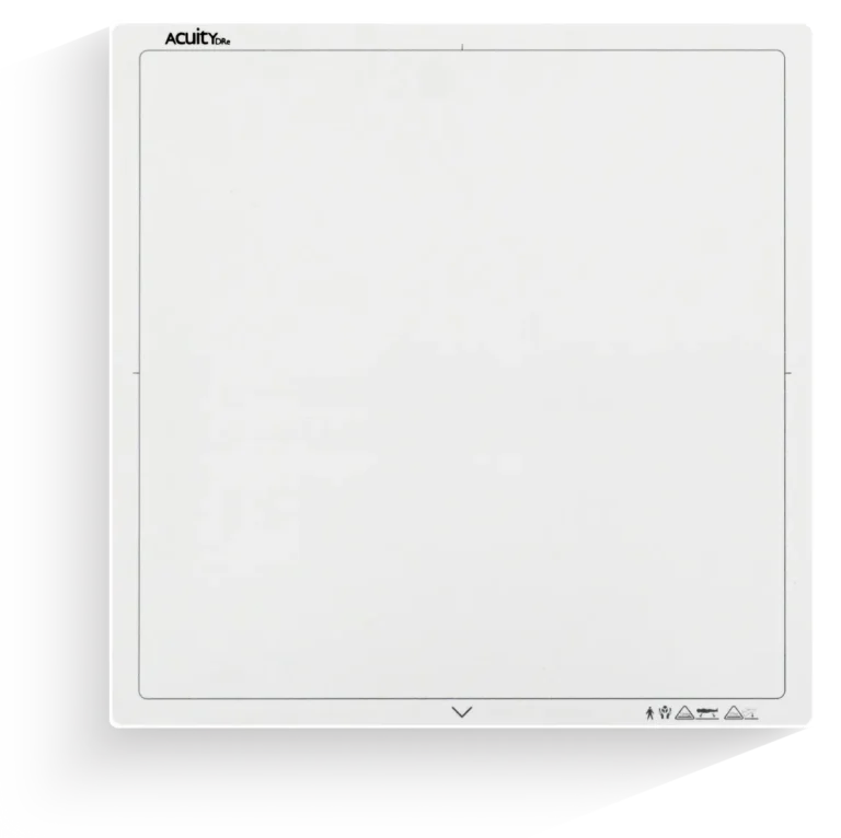 White, square touch panel/drawing surface with a thin gray border; 'acuity' logo in the top-left and small icons along the bottom-right edge.