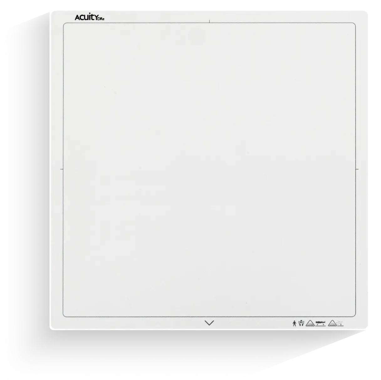 White, square touch panel/drawing surface with a thin gray border; 'acuity' logo in the top-left and small icons along the bottom-right edge.