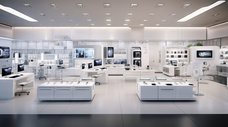A modern, high-tech laboratory with white and sleek surfaces. The room is filled with advanced equipment, digital screens displaying images, and organized workstations. The atmosphere is clean and futuristic.