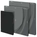 Perspective view of multiple gray display panels with white corner accents and the acuitydr logo, arranged in a staggered, layered stack.