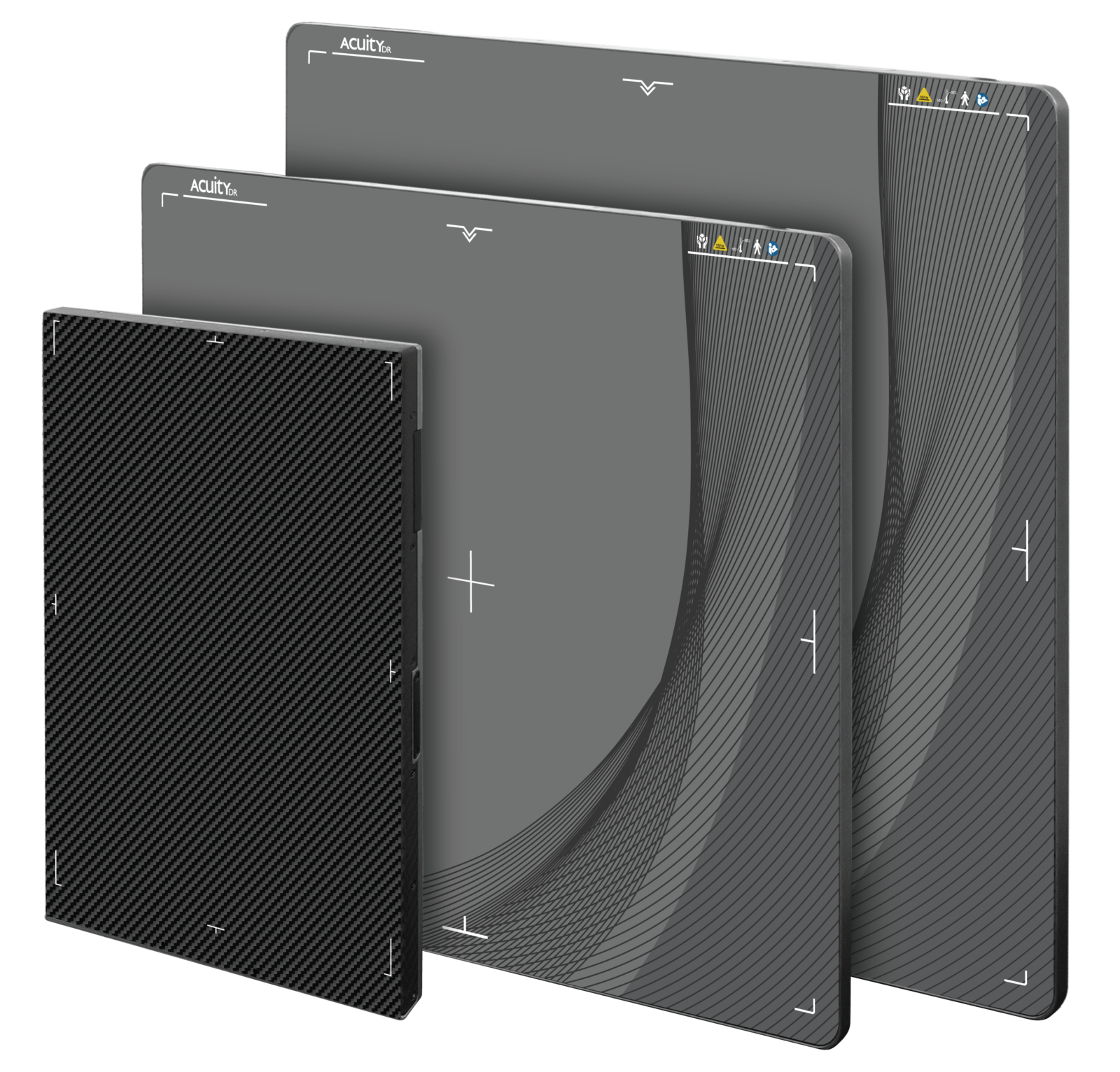 Perspective view of multiple gray display panels with white corner accents and the acuitydr logo, arranged in a staggered, layered stack.