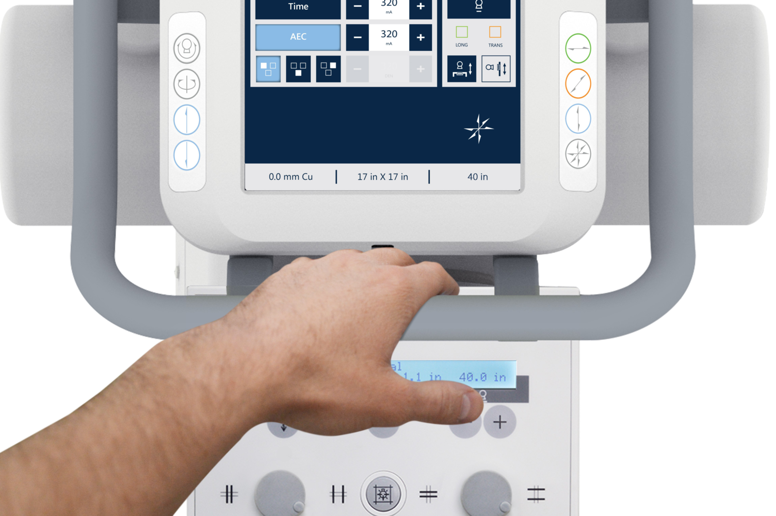 Person holding a handle while operating a medical device with a touchscreen control panel, seen from above