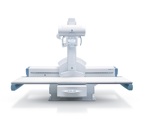 Radiography table with a vertical imaging gantry and control panel for x-ray exams.