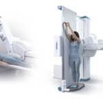 Two scenes in a radiology suite: a clinician prepares a patient on an mri/ct scanner, and a patient stands at an open-bore scanner ready to image.