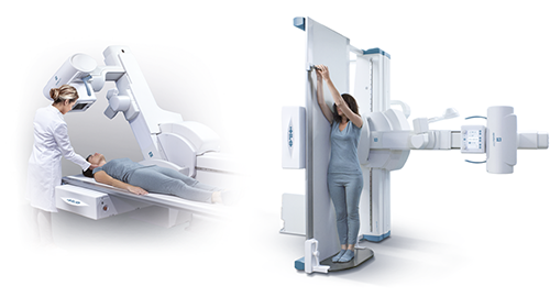 Two scenes in a radiology suite: a clinician prepares a patient on an mri/ct scanner, and a patient stands at an open-bore scanner ready to image.