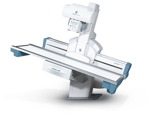 Medical ct scanner with patient table ready for imaging, showing the gantry and horizontal table.