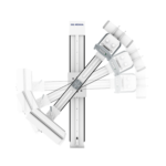 White medical imaging equipment components arranged diagonally against a black background, with a labeled unit reading 'del medical' on top.