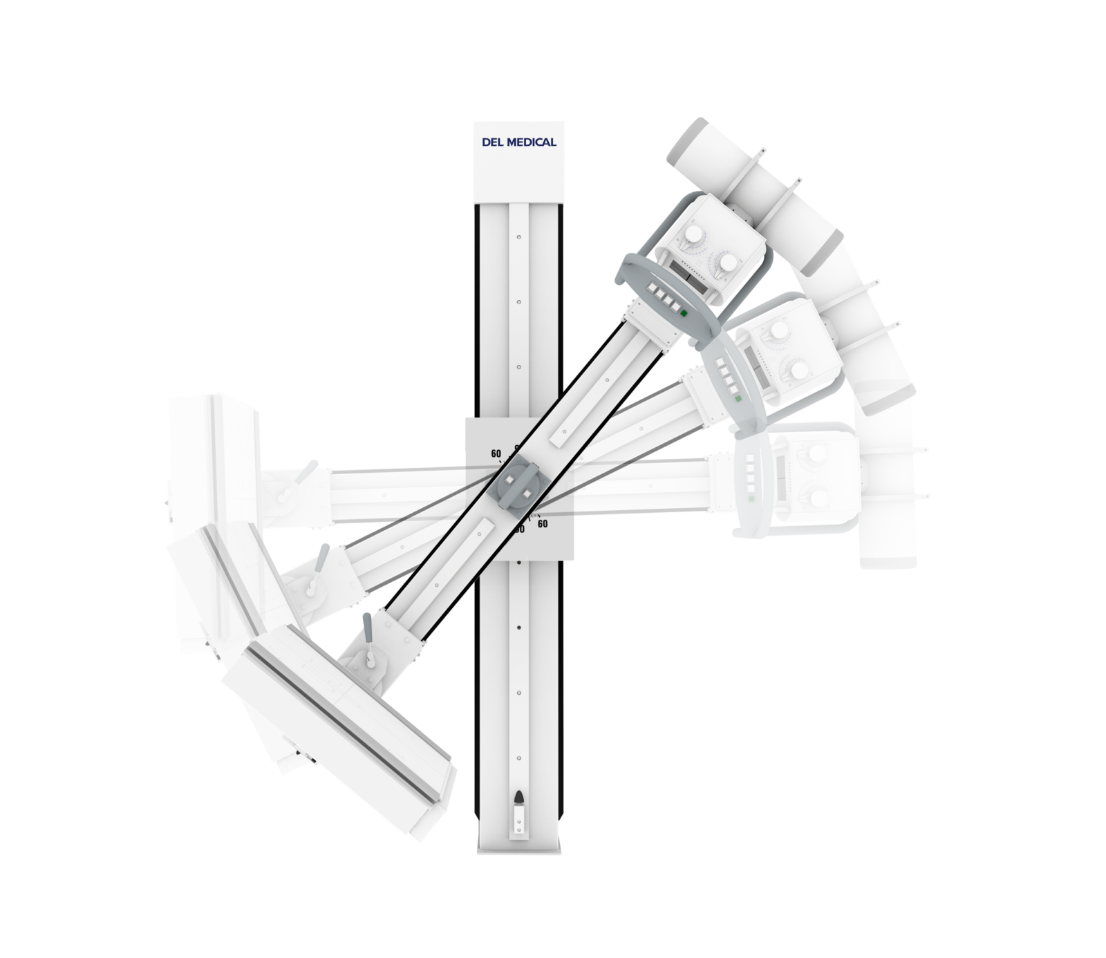 White medical imaging equipment components arranged diagonally against a black background, with a labeled unit reading 'del medical' on top.