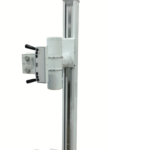 Vertical medical x-ray stand with adjustable imaging arm and control panel for radiographs.