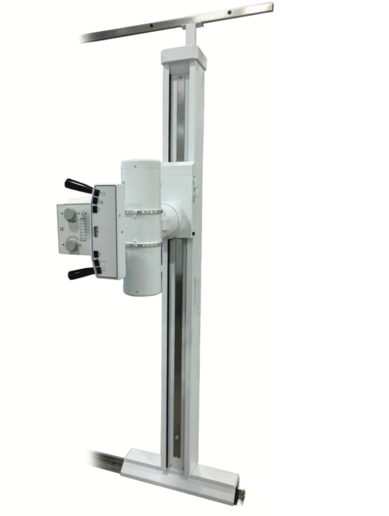Vertical medical x-ray stand with adjustable imaging arm and control panel for radiographs.