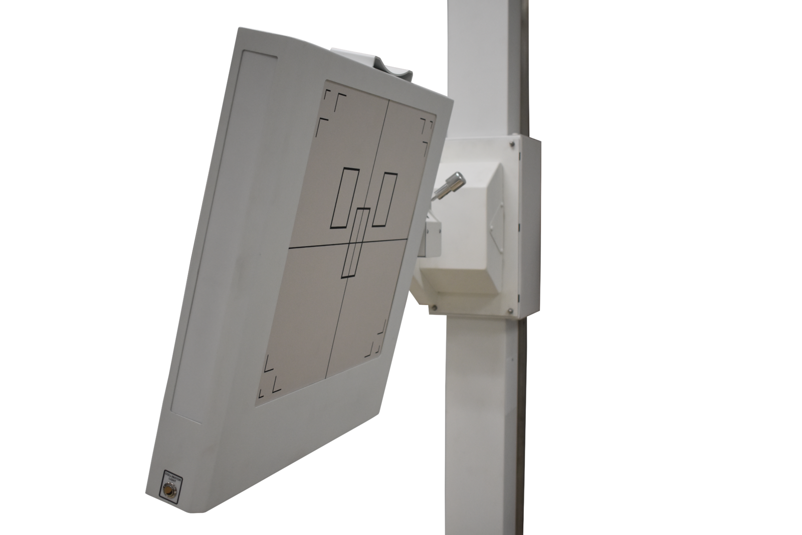 Tilted gray control panel with etched black circuit-like lines mounted on a vertical steel stand.