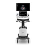 Mindray ultrasound machine on a wheeled cart with monitor showing an ultrasound image and control panel below.