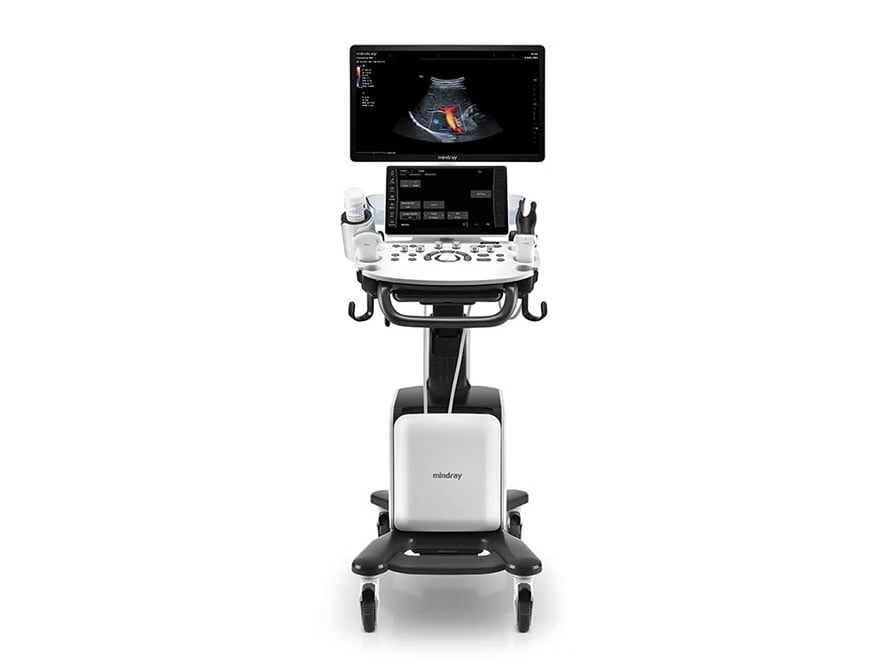 Mindray ultrasound machine on a wheeled cart with monitor showing an ultrasound image and control panel below.