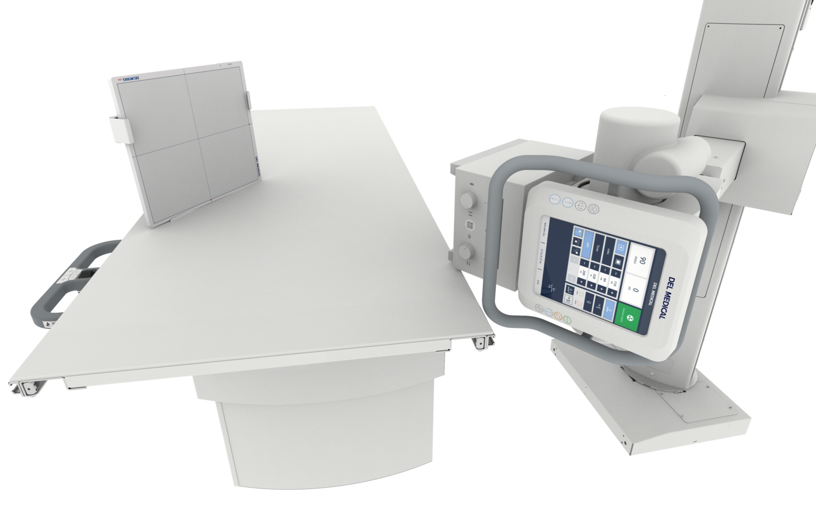Medical imaging setup with a horizontal patient table and a control console on a movable arm (x-ray/radiography system).