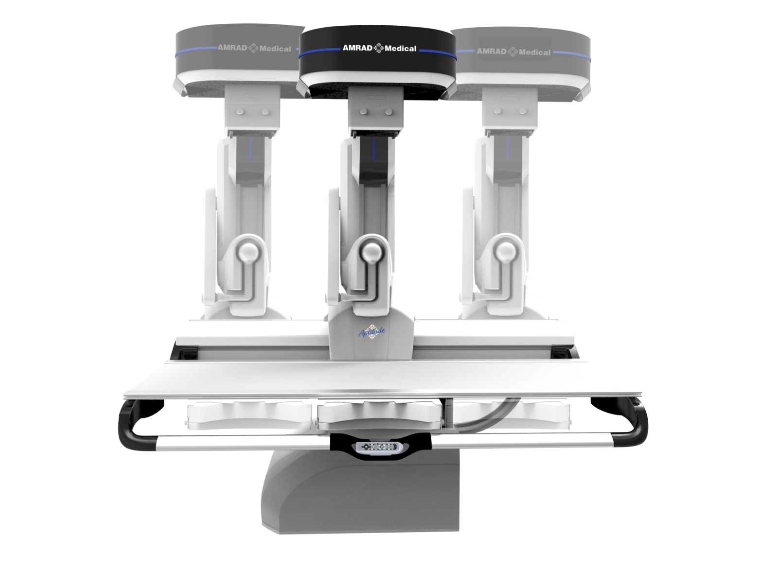 Three robotic surgical arms mounted over a patient table, ready for operation.