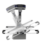 Medical robotic arm system with multiple articulated white arms attached to a central base, topped by a black circular unit labeled amrad medical.