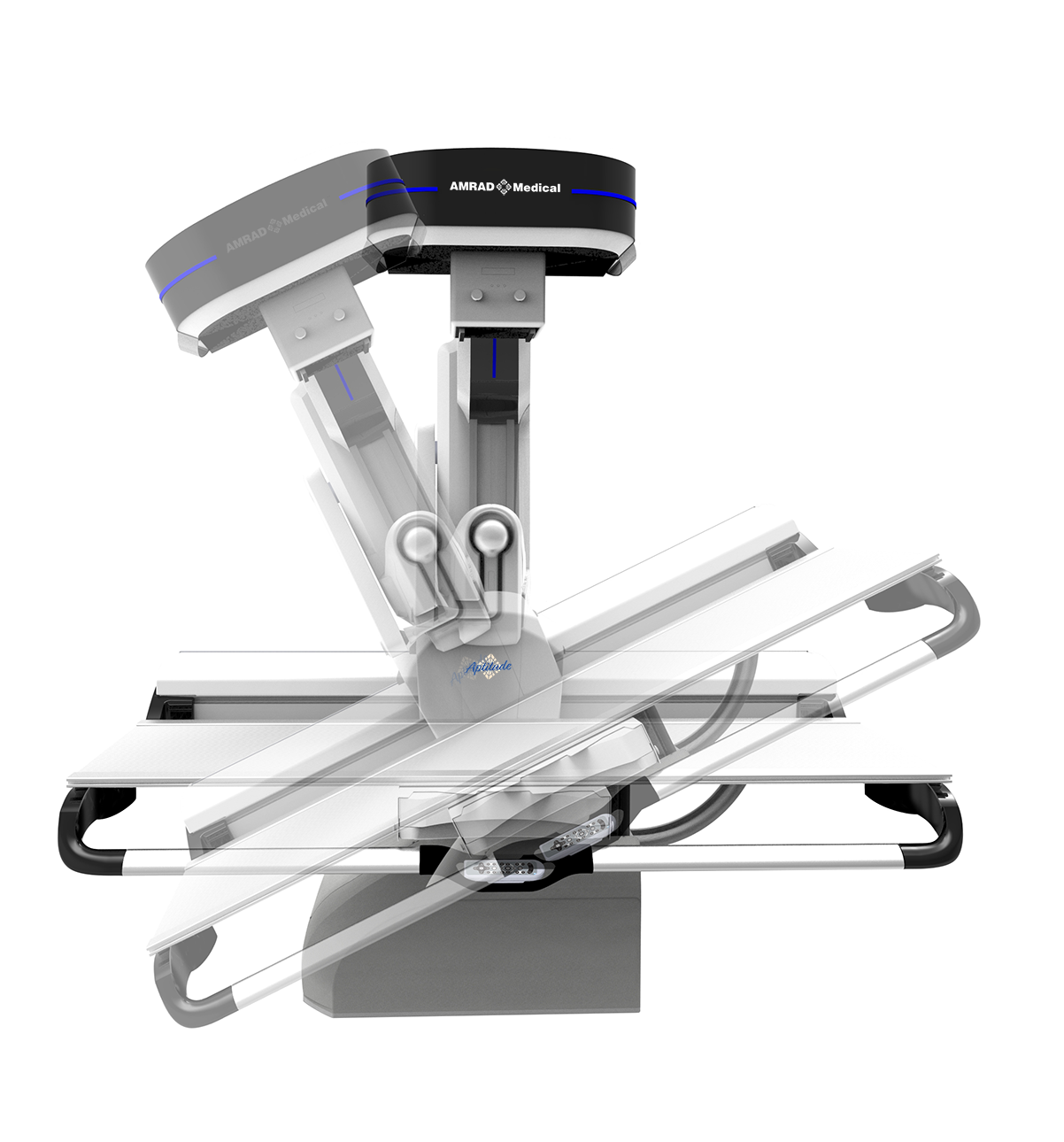 Medical robotic arm system with multiple articulated white arms attached to a central base, topped by a black circular unit labeled amrad medical.