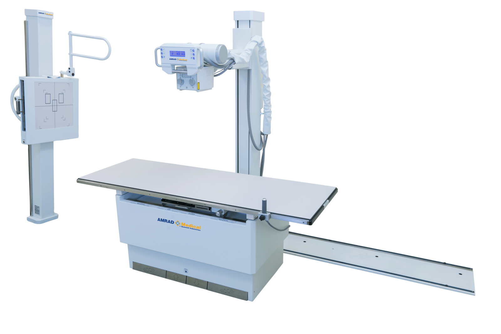 Medical radiography setup with a ceiling-mounted c-arm fluoroscope over an adjustable patient table.