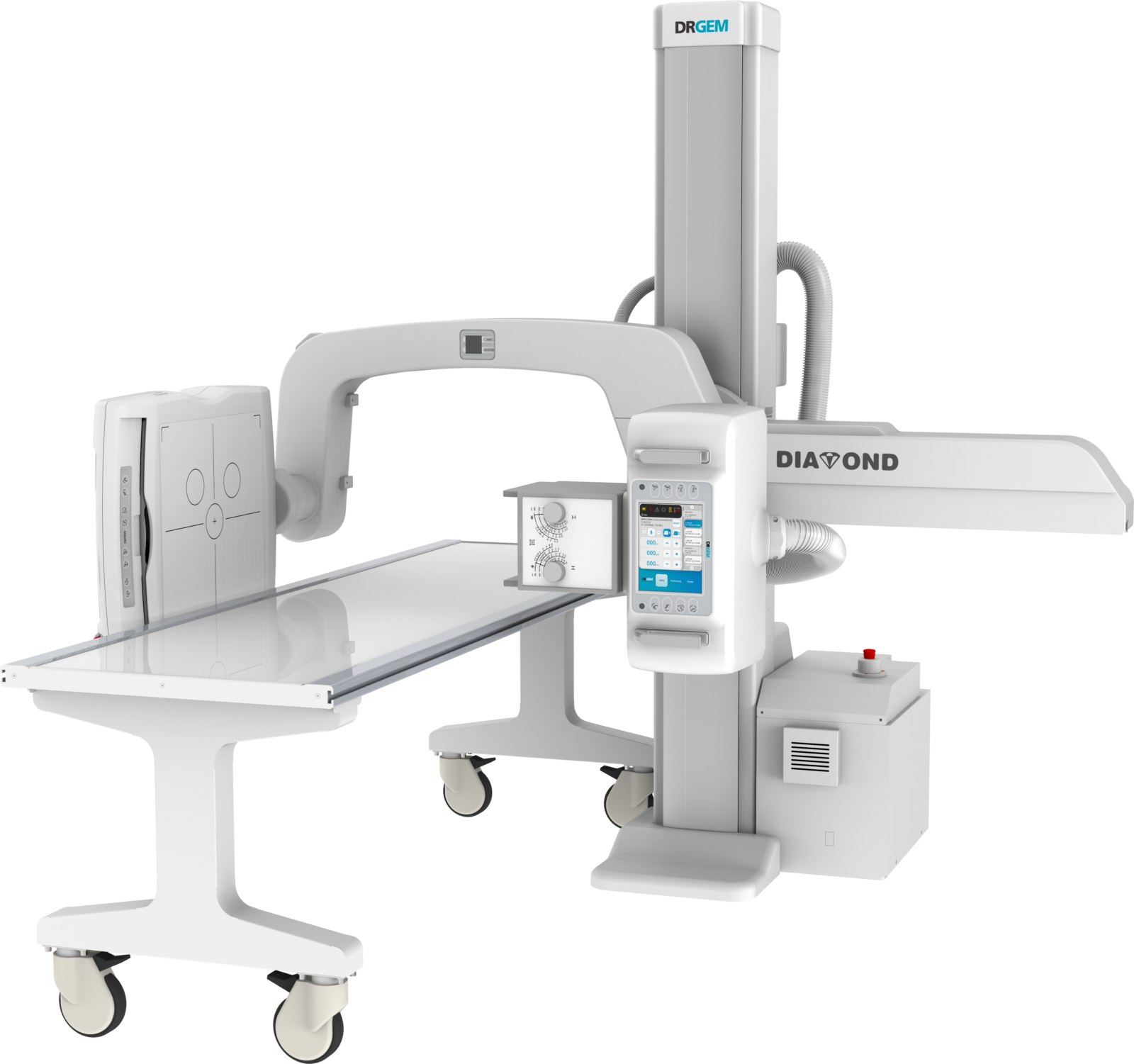 Industrial medical x-ray imaging system with a long patient table and a tall vertical gantry labeled drgem, on wheels for mobility.