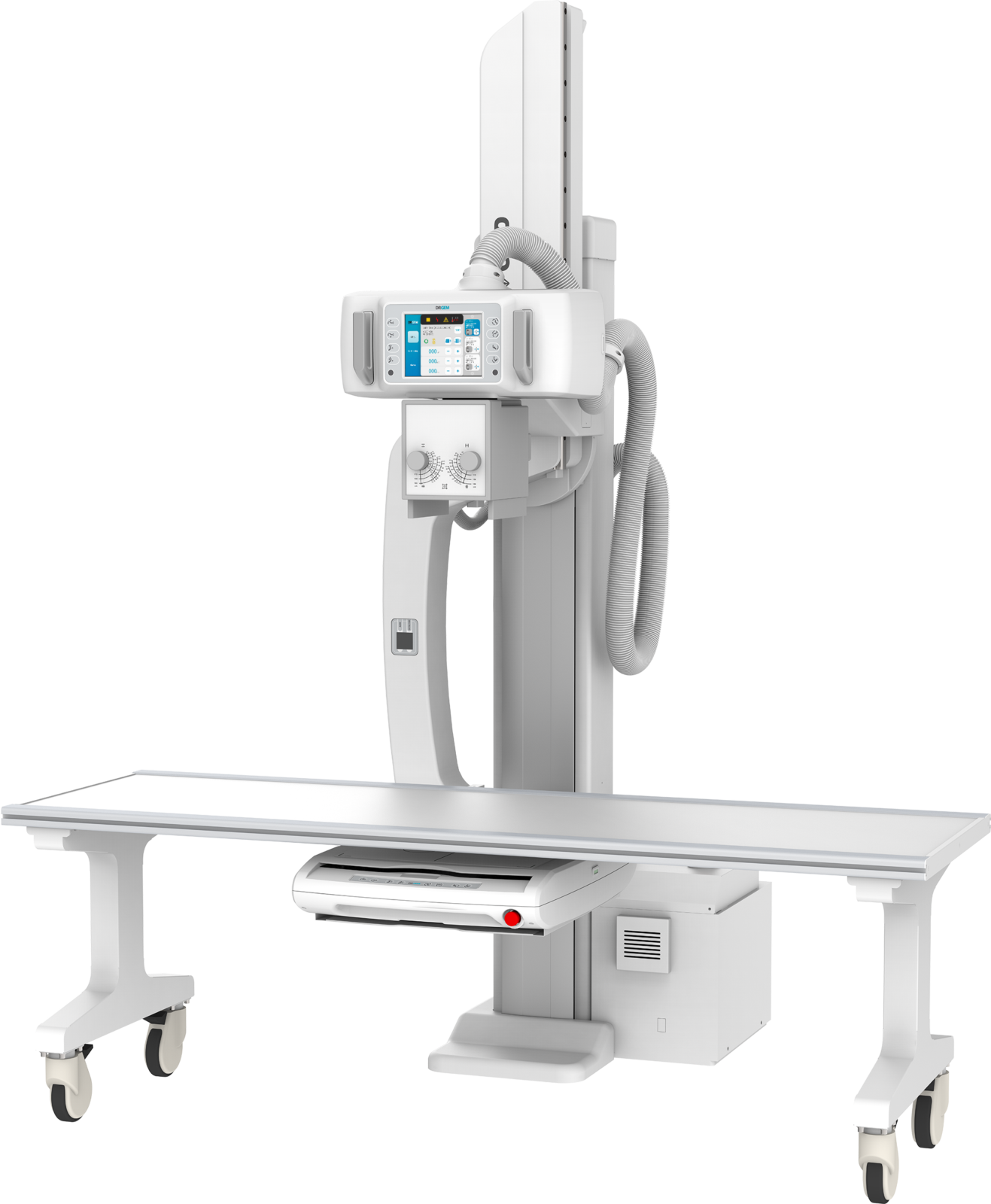 Medical x-ray imaging system with a vertical column, control panel, and wheeled patient table.