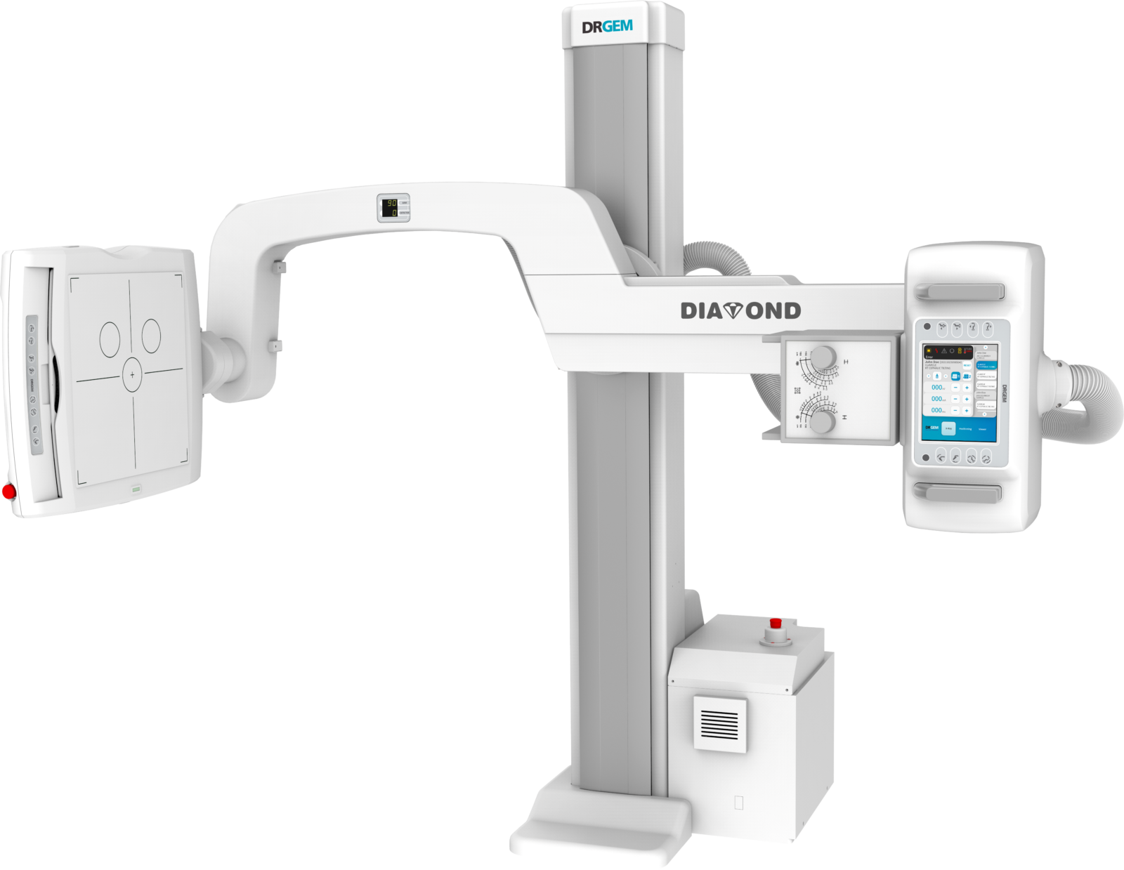 Medical x-ray imaging system on a stand with vertical column, horizontal arm, and diamond control console labeled drgem logo at top.