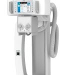 Medical x-ray imaging system with a tall vertical column and a horizontal patient table for radiographic exams