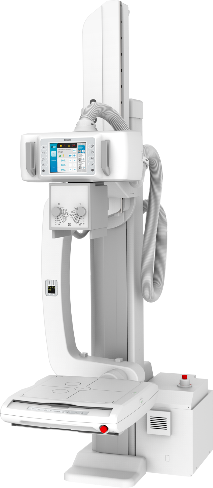 Medical x-ray imaging system with a tall vertical column and a horizontal patient table for radiographic exams