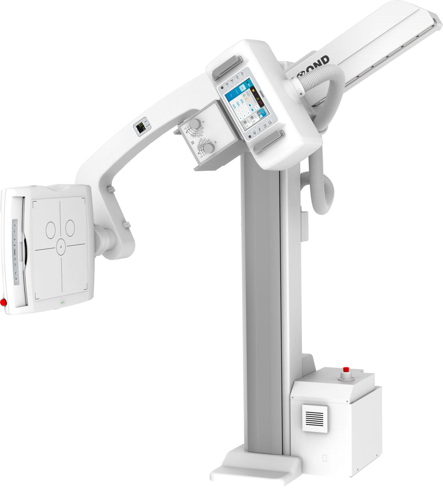 Radiography machine with an adjustable arm and control console for x-ray imaging.