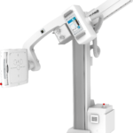 Radiography machine with an adjustable arm and control console for x-ray imaging.