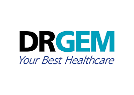 Drgem logo with black 'dr' and blue 'gem', plus the slogan 'your best healthcare'.