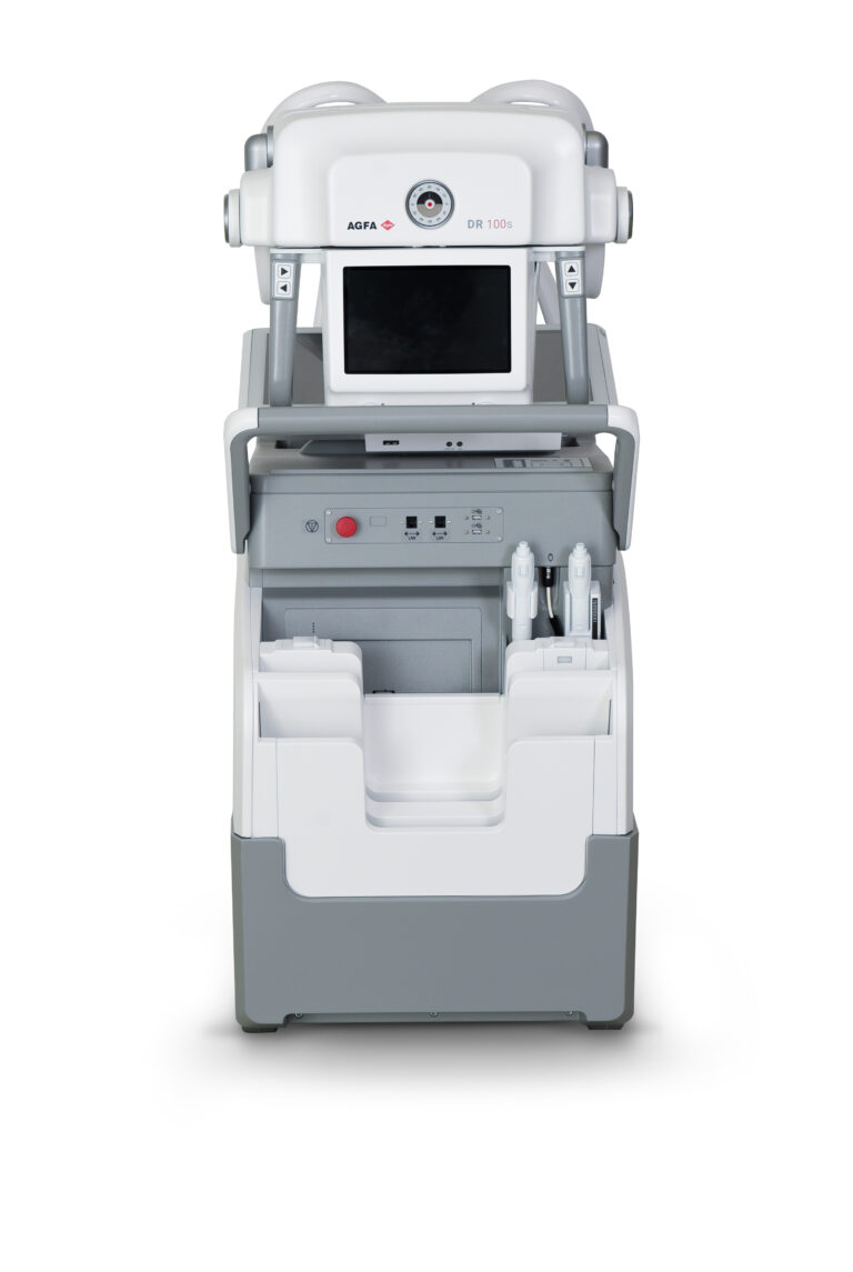 Medical imaging device on a wheeled cart with a central display and control panels for diagnostic imaging purposes.