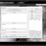 Screenshot of a radiology pacs workstation showing a chest x-ray with a centered patient report entry form and side toolbars.