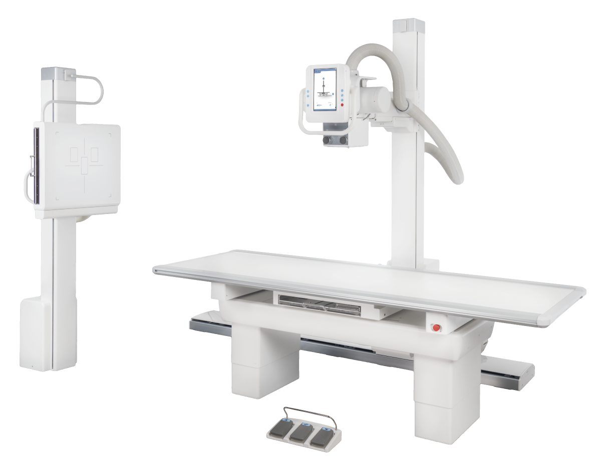 Medical x-ray imaging table with ceiling-mounted radiography unit and control console for diagnostics? Oriented for x-ray exams.