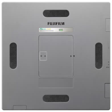 Rear panel of a fujifilm device with a central access door and side cutouts; appears to be a loading or maintenance area.