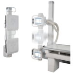 X-ray imaging system with a patient table and wall-mounted detectors