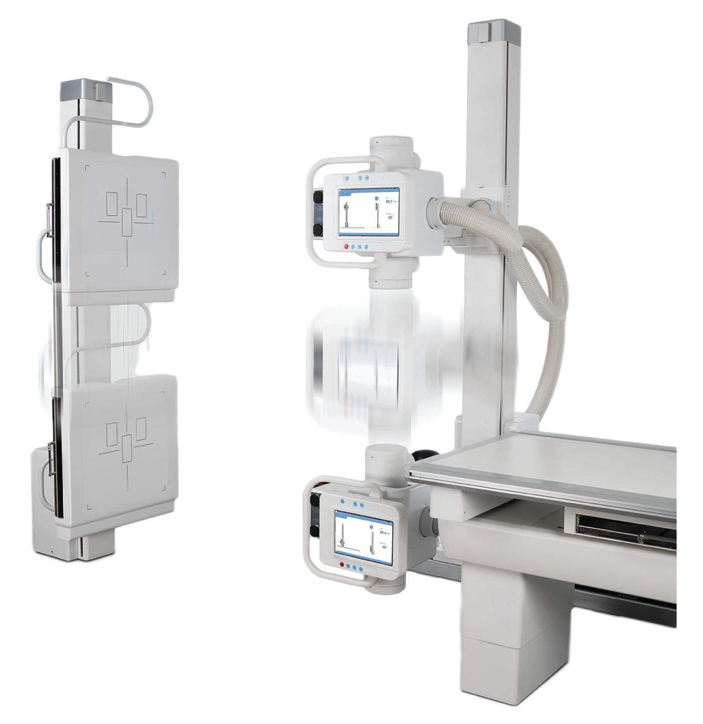 X-ray imaging system with a patient table and wall-mounted detectors