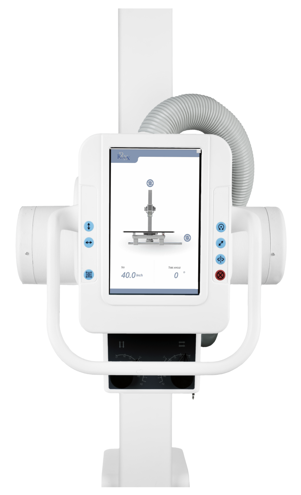 Medical imaging device with a tall column and screen, likely an x-ray or radiography machine used for patient positioning and imaging supervision.