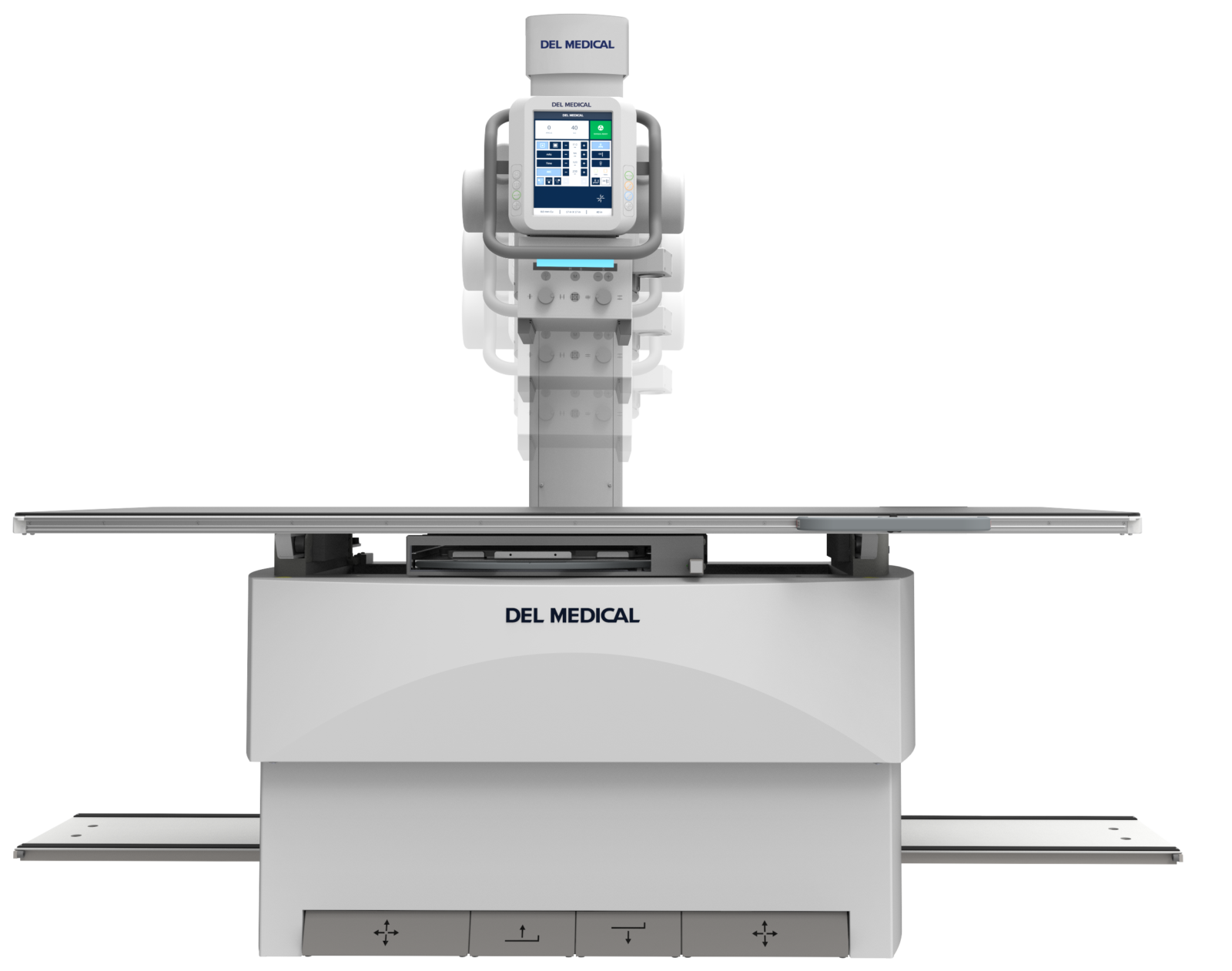 Del medical interventional imaging gantry with front-mounted touchscreen console and overhead monitor in a clinical suite