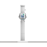 Medical imaging stand with a vertical tower and control touch screen, labeled del medical, mounted on a base.