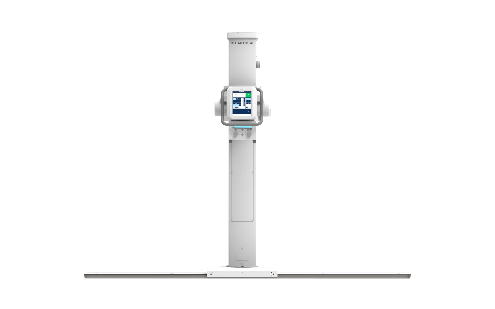 Medical imaging stand with a vertical tower and control touch screen, labeled del medical, mounted on a base.