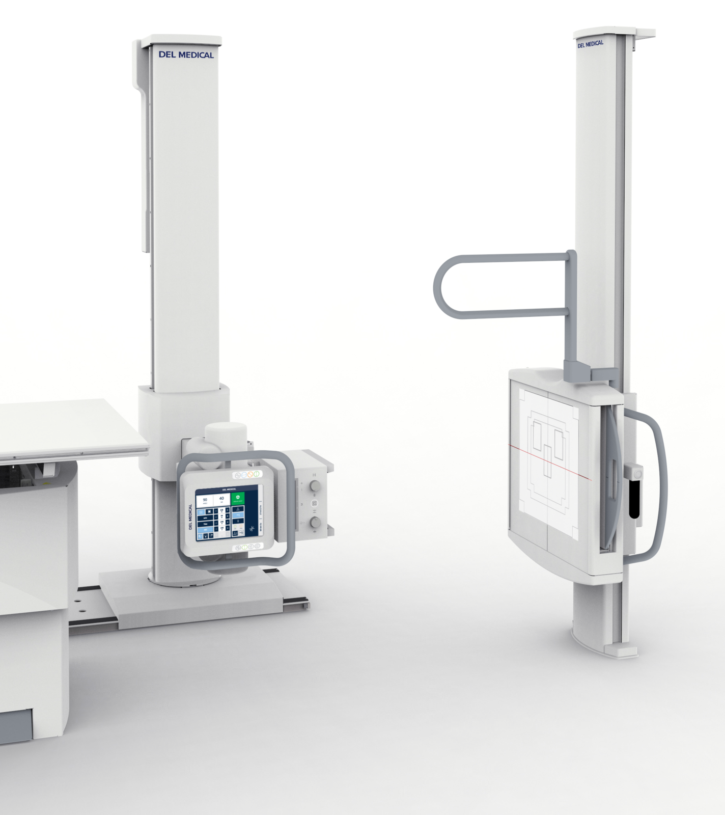 Medical imaging system with tall white gantry pillars and a control monitor labeled del medical on the left side of the scene.