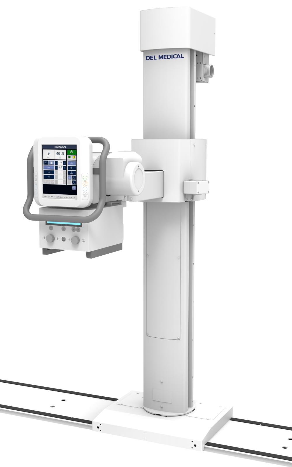 Medical imaging device on a vertical column with control console and rail base, branded 'del medical' on the column top rail system